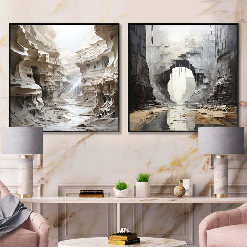 Desert Minimalisme Canyon Water Stream - Canyon Square, ensemble de 2 collages, Cadre flottant noir, H 16 po x l 33 po