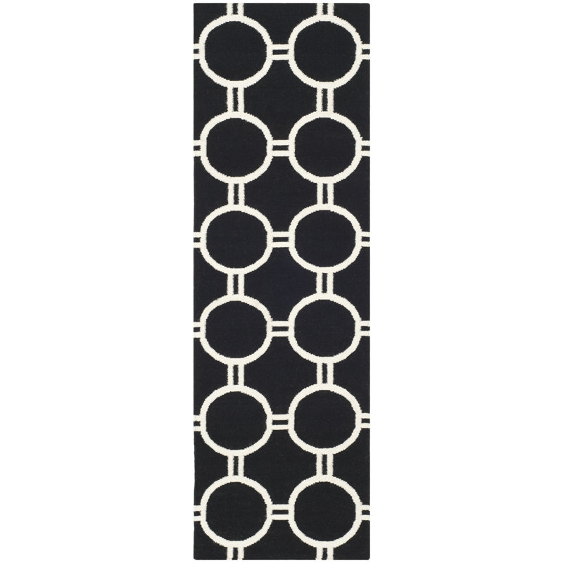 Rodgers Hand Woven Flat Weave Wool/Cotton Geometric Rug in Black/Gray, Runner 2'6" x 8'