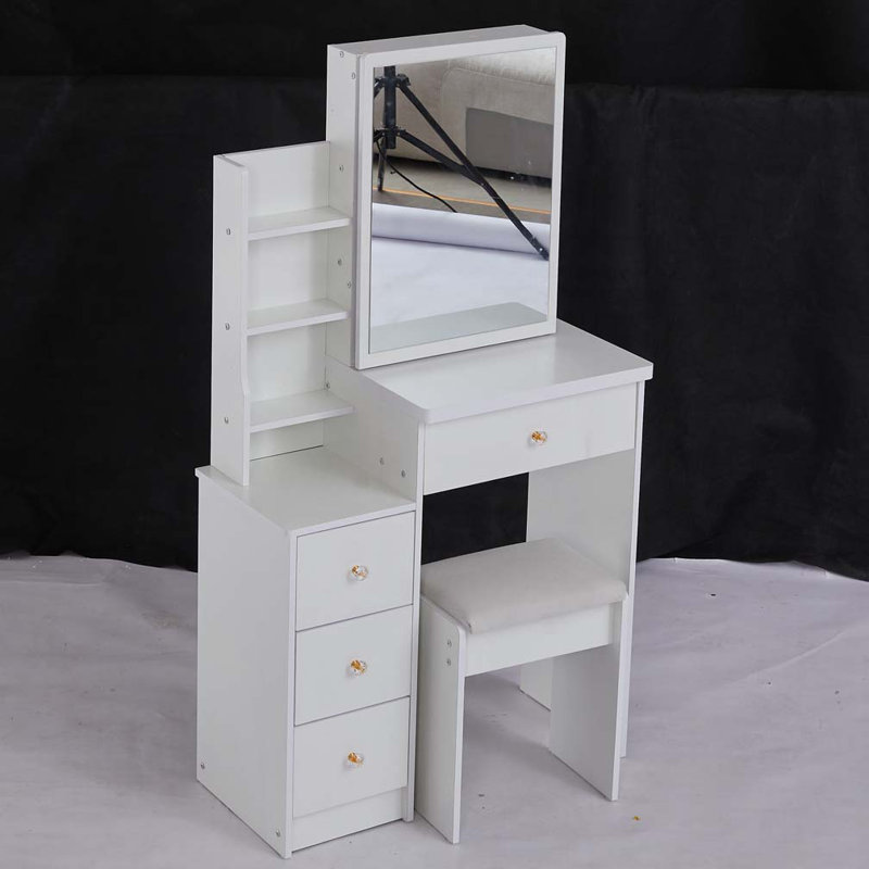 29.2" Small Space Left Bedside Cabinet Vanity Table + Cushioned Stool, Extra Large Right sliding mirror, Multi Layer High Capacity Storage, Practical Fashionable Dresser, Suitable For Small Space