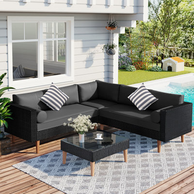 4-pieces Outdoor Wicker Sofa Set, Patio Furniture with Colorful Pillows, L-shape sofa set -  Latitude RunÂ®, 21B878B5052544DBAE6AE8EAB9146223