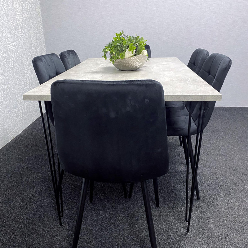 Grey Dining Table with Hairpin Legs & 6 Velvet Chairs (75cm), Black , 75cmH x 140cmL x 80cmW