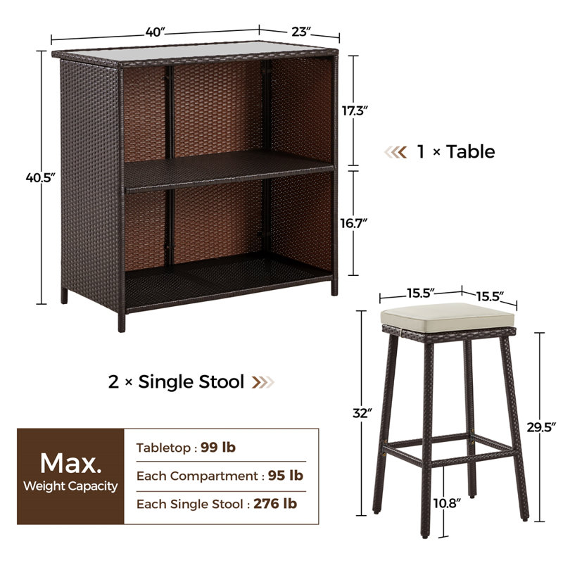 Ensemble de meubles de patio en rotin pour 2 personnes avec plateau en verre et deux tabourets rembourrés