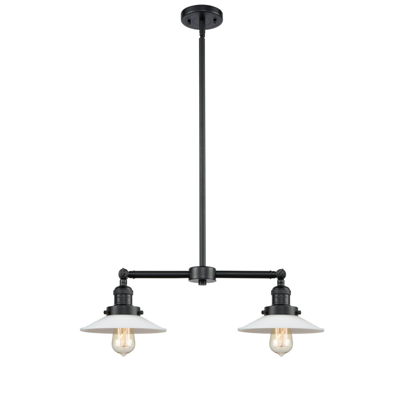 Luminaire suspendu linéaire à 2 lumières pour îlot de cuisine Miramontes, Matte White Halophane, Bronze huilé