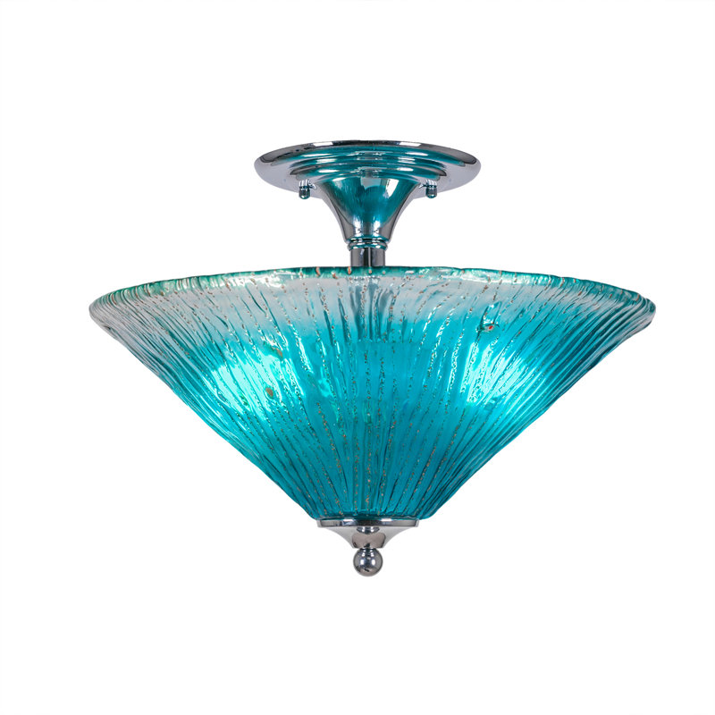 Semi-Flush 2 Bulbs With 16" Crystal Glass, Teal, Chrome