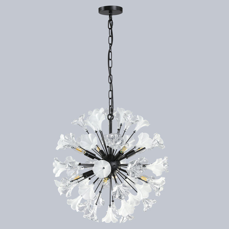 Lustre moderne en verre à pétales, 8 lumières, 57,4 cm de large, pour chambre à coucher., Matte Black