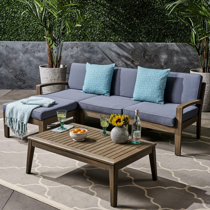 Canapé modulaire d'extérieur en forme de L - et invitant, 3 avec coussins, table basse, structure en bois, finition grise