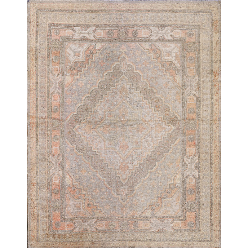 Antique Soft Light Faded Color Geometric Medallion Hand Knotted Pile Khotan Rug