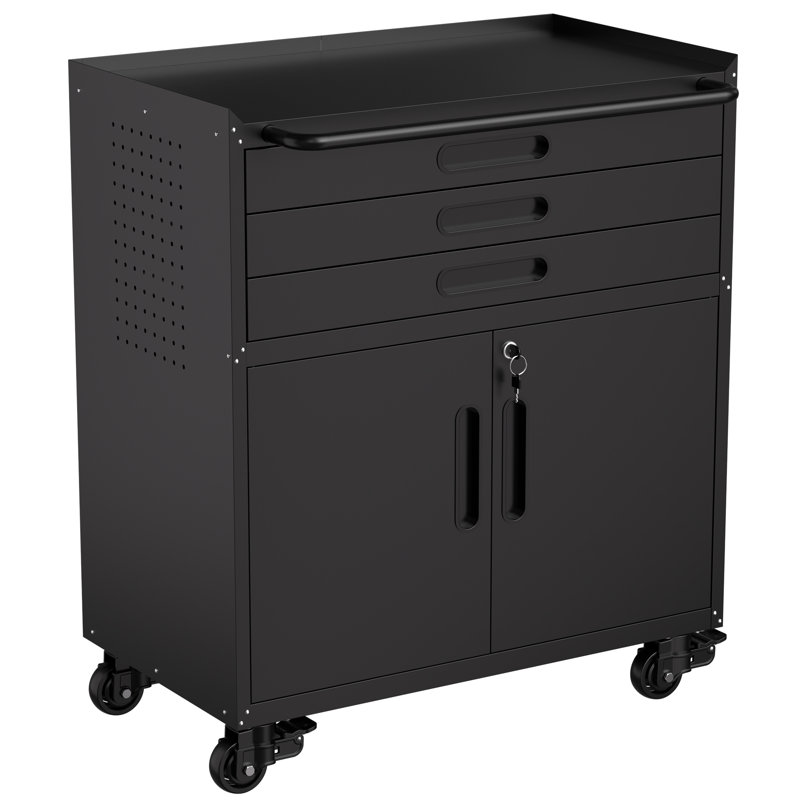Metal Tool Cabinet,heavy‑duty Garage Storage Organizer With Lockable Doors, Perforated Pegboard Side Panels Mobile Workbench For Garage Workshop Home Use