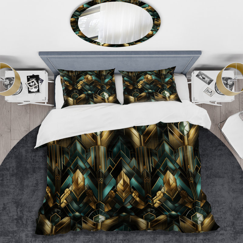 Ensemble de housse de couette motif émeraude et or Art Deco II, Housse de couette simple + 1 taie décorative stan