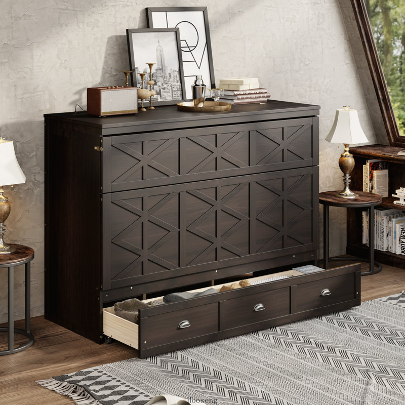 Lit escamotable Queen avec grands tiroirs et port USB, finition espresso brossé, Espresso