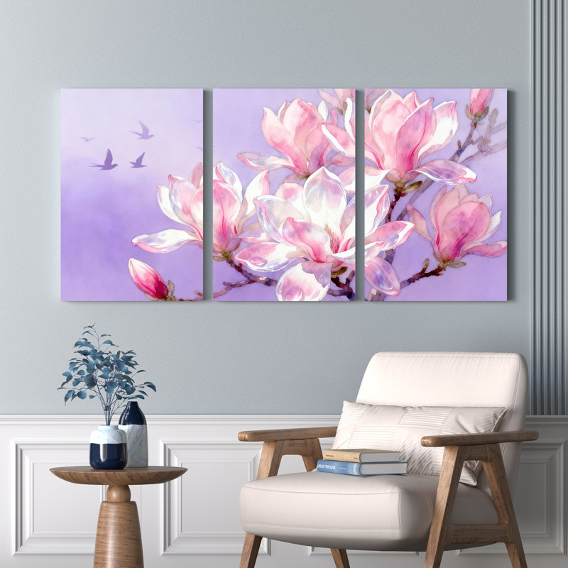 Art floral sur toile tendue, impression de style aquarelle (lot de 3), H 24 po x l 48 po