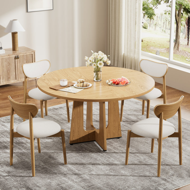 5-Piece Round Dining Table Set, MDF Tabletop & Solid Wood Dining Chairs with Boucle Upholstered Cushion, Mid-Century Wooden Dinner Table for Dining Room Kitchen
