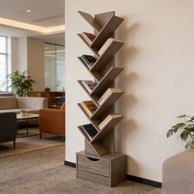 Bibliothèque moderne à 6 niveaux en forme d'arbre avec tiroir, étagère de rangement ouverte autoportante