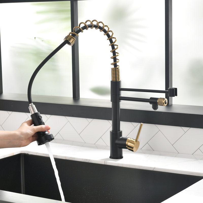 FLG Pull Down Kitchen Faucet, Black/Brushed Gold