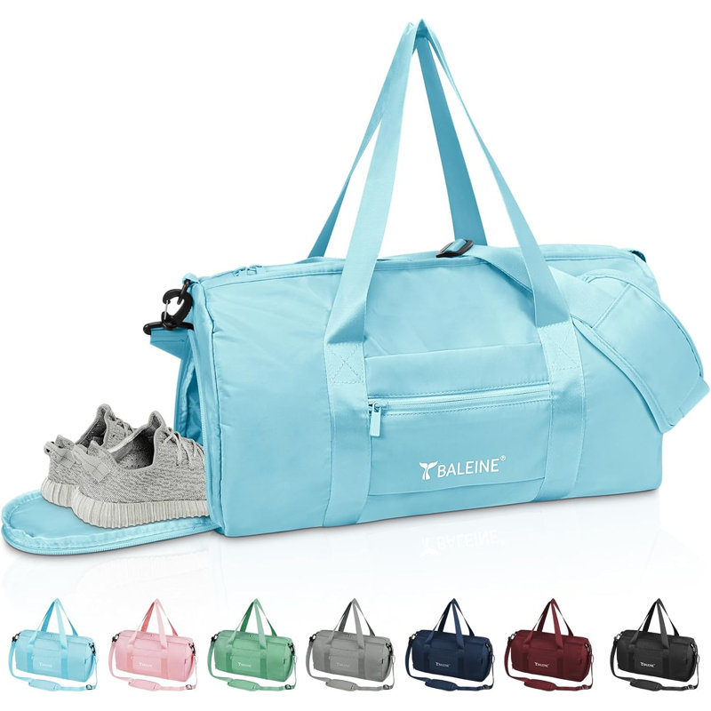 Light blue gym duffel bag with a dedicated side shoe compartment containing sneakers, shown with seven available color variations.
