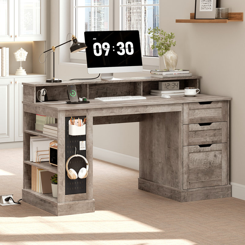 55-Inch Farmhouse Executive Desk with 2 Drawers and File Cabinet, Computer Desk with 3-Tier Storage Shelves, Home Office Desk with Charging Station, Pegboard and Monitor Shelf