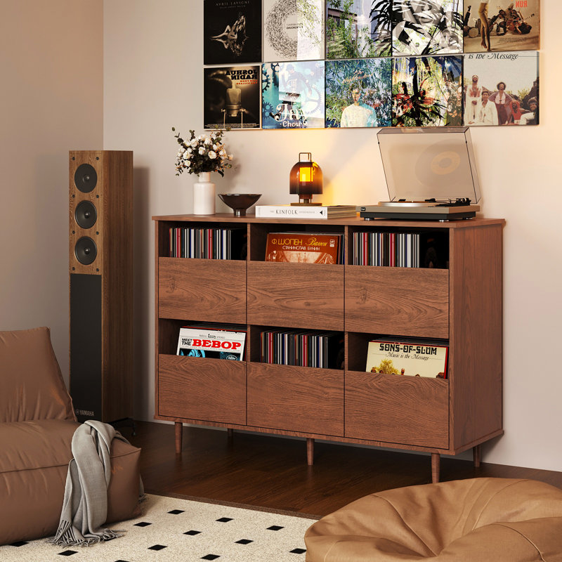 Grand support de tourne-disque à 2 niveaux avec rangement en vinyle, armoire de rangement pour disques, support pour tourne-disque Mid-Century, rangement pour disques vinyles avec tablettes pour chambre à coucher, salon, bureau (noyer)