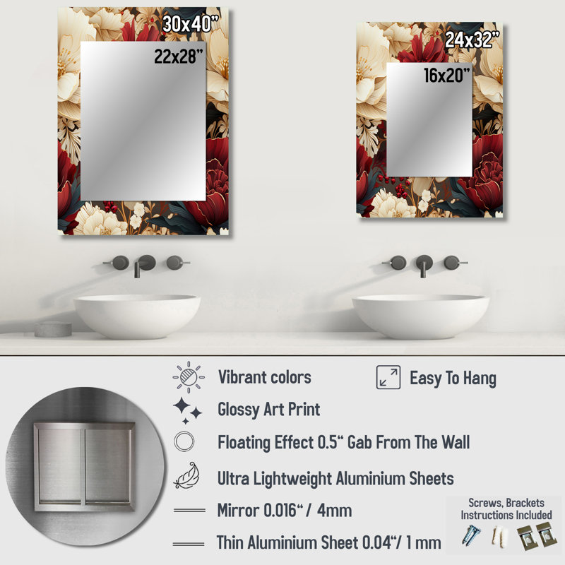 Areej riche coquelicots fleurs opulentes - rouge, miroir mural décoratif, art en métal imprimé, 40 po x 30 po