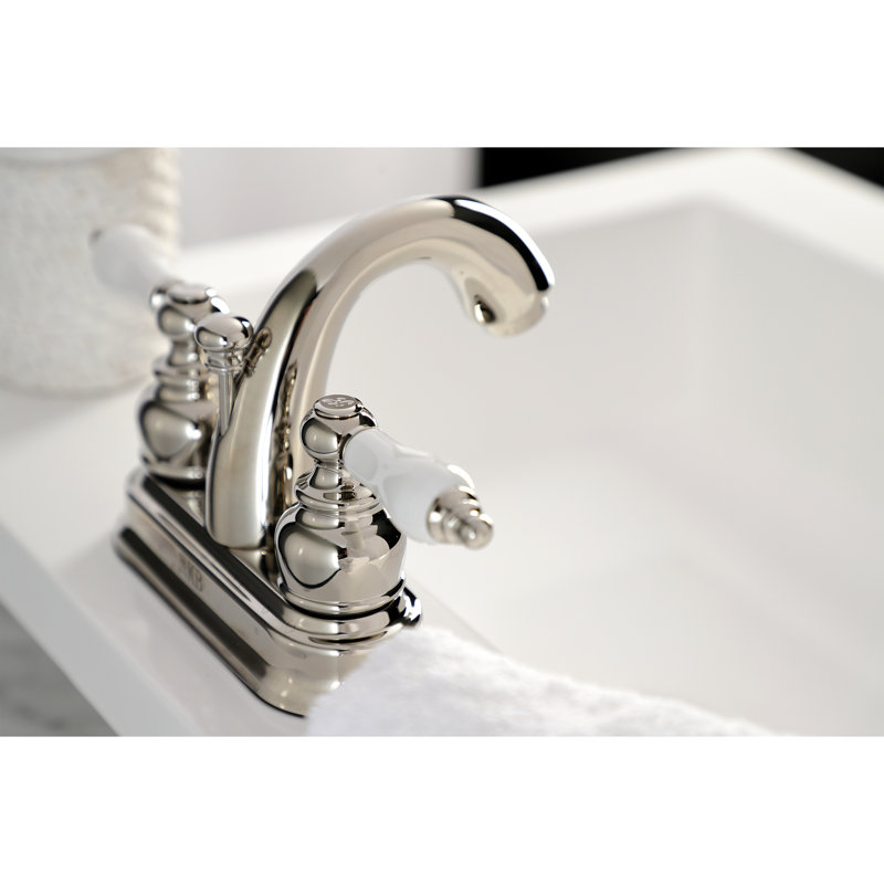 Kingston Brass Restoration Two-Handle 3-Hole Deck Mount 4" Centerset Bathroom Faucet, Polished Nickel