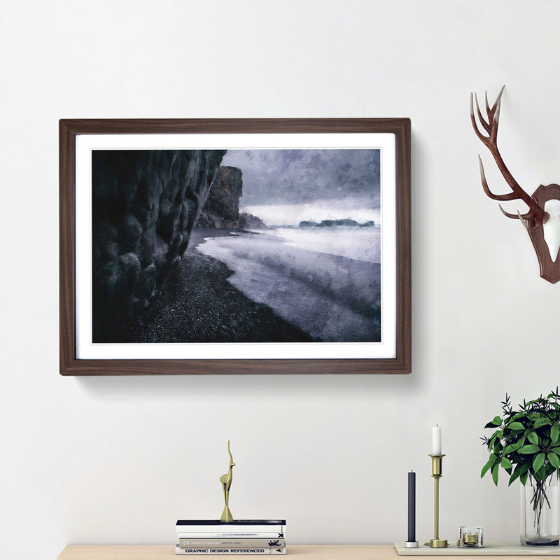 Black Beach In Iceland Painting - Single Picture Frame Print on MDF, 45cm H x 33cm W x 2cm D, Black