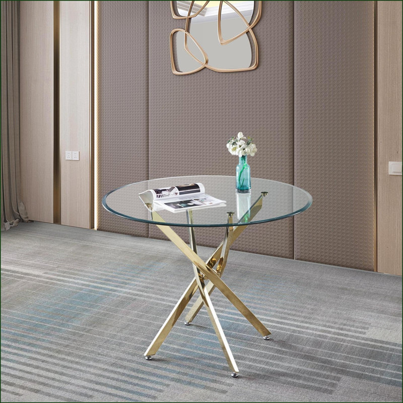 Table basse ronde en verre trempé transparent avec pieds en acier inoxydable doré, durable et amp; Décoratif pour le salon