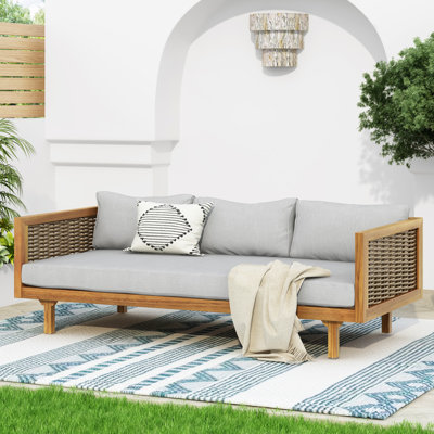 Lit de jour avec accoudoirs, structure en bois, coussins gris pâle, chaise longue à panneaux à lattes, 176,5 cm (l) x 79 cm (p) x 62 cm (h), assemblage requis.