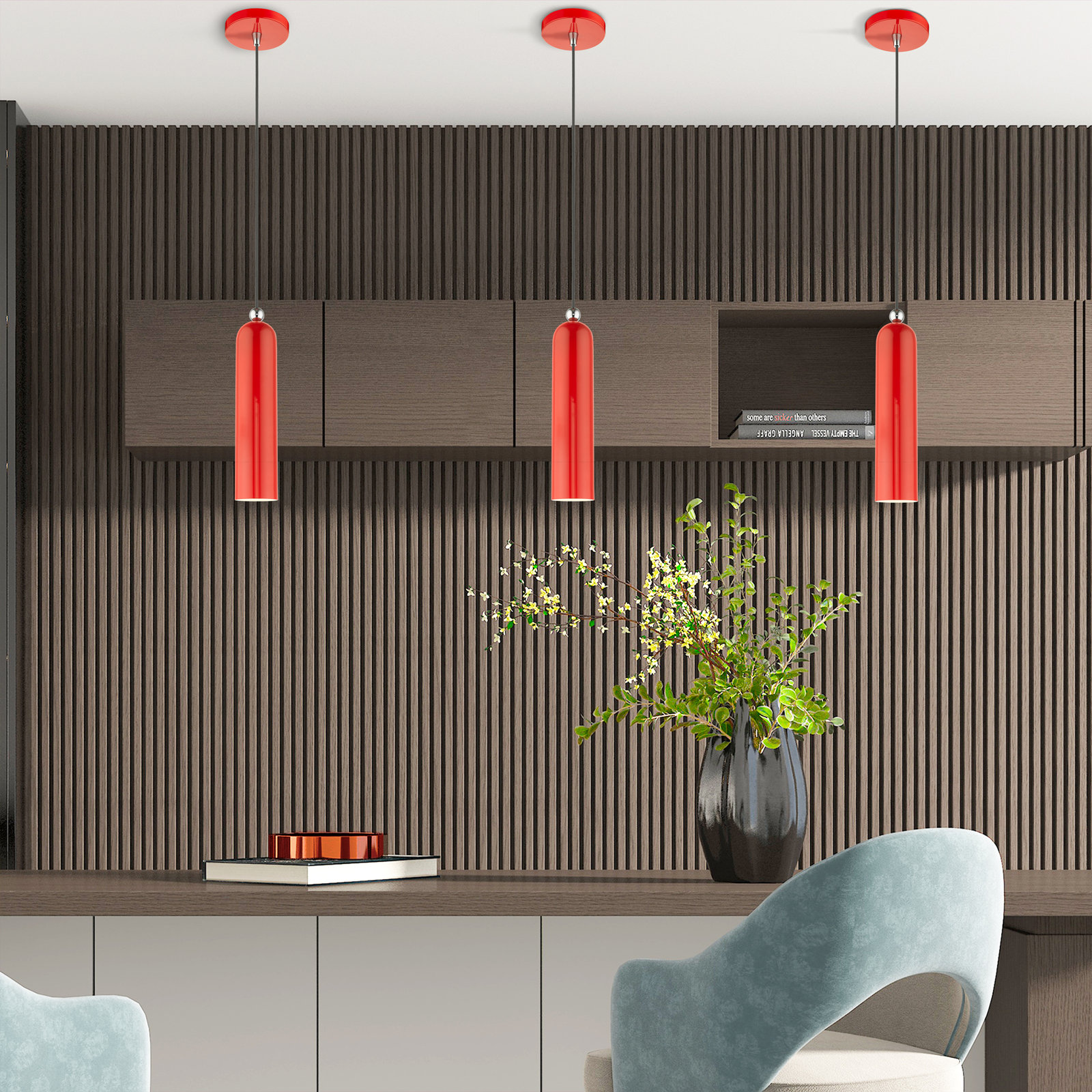 Hanne Dimmable Cylinder Single Light Pendant, Shiny Red