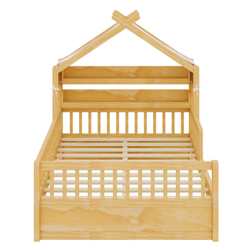 Lit maison contemporaine en bois avec tablette de tête de lit, Lit double, Naturel