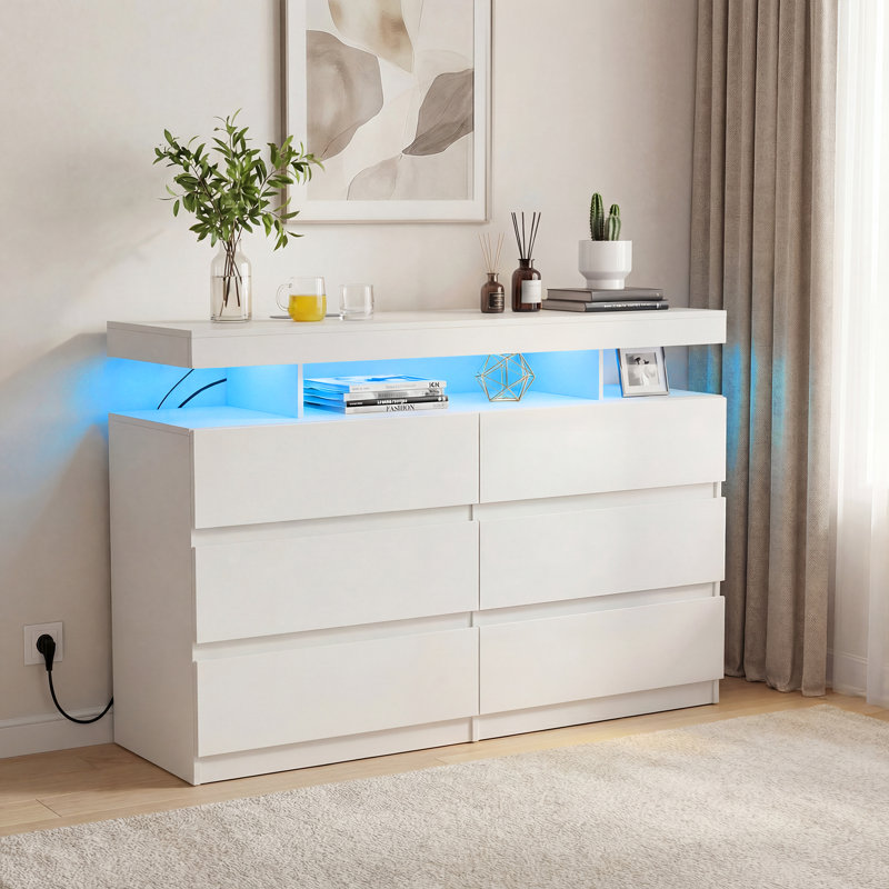 6 Drawer 47'' W Dresser With Power Outlet And APP Controlled LED Light, White