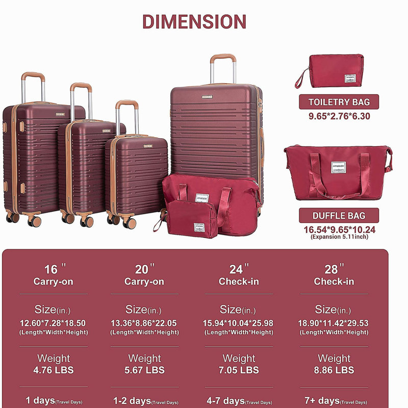 Ensemble de bagages 6 pièces, valise de voyage en ABS avec verrou TSA, rouge vin