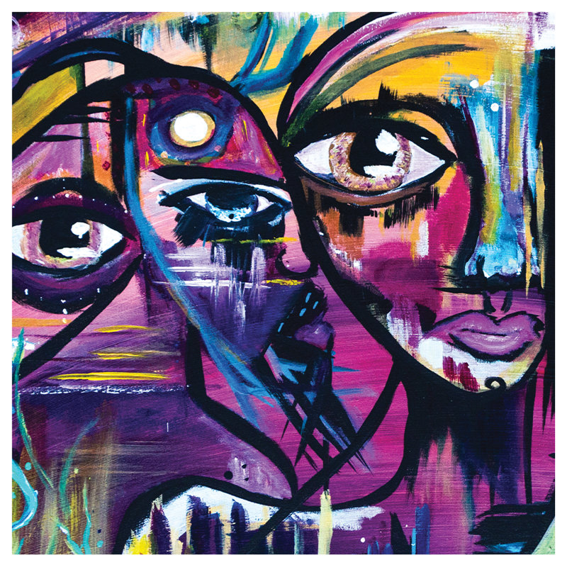 Art abstrait visages par l'artiste Sarah Wahl, H 14 po x l 14 po x P 1,25 po