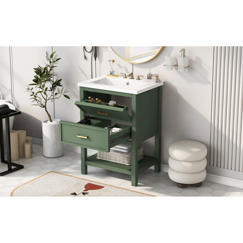 »Meuble-lavabo vert avec lavabo en céramique, armoire de rangement moderne avec 2 tiroirs pour la salle de bain