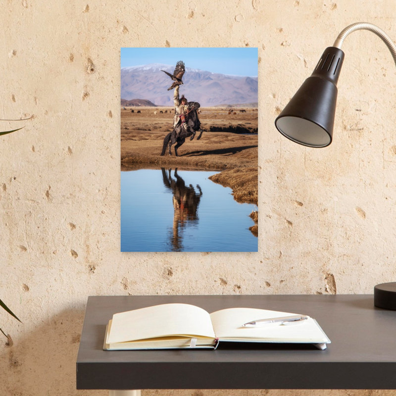 Aigle royal, chasseur, reflet, oiseau traditionnel, aigle, cheval, paysage, montagne, art mural, 18" H x 12" W