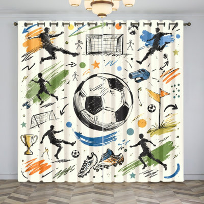 2Pcs Sports Theme Blackout Curtains for Boys Room, Soccer Pattern Window Drapes, Artistic Graffiti Style Living Bedroom World Cup Soccer Decor