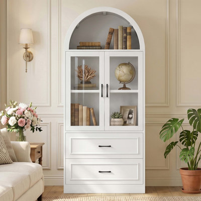 Arched Top Bookcase with Glass Doors and 2 Drawers, 3-Tier Display Shelf with Storage, Freestanding Bookshelf for Living Room, Study