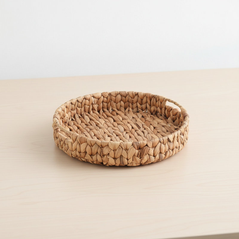 Durable Round Basket Tray With Handle Natural Woven Fruit Vegetable Storage Tray Grass Weaving Storage Baskets Serving Trays,33cm