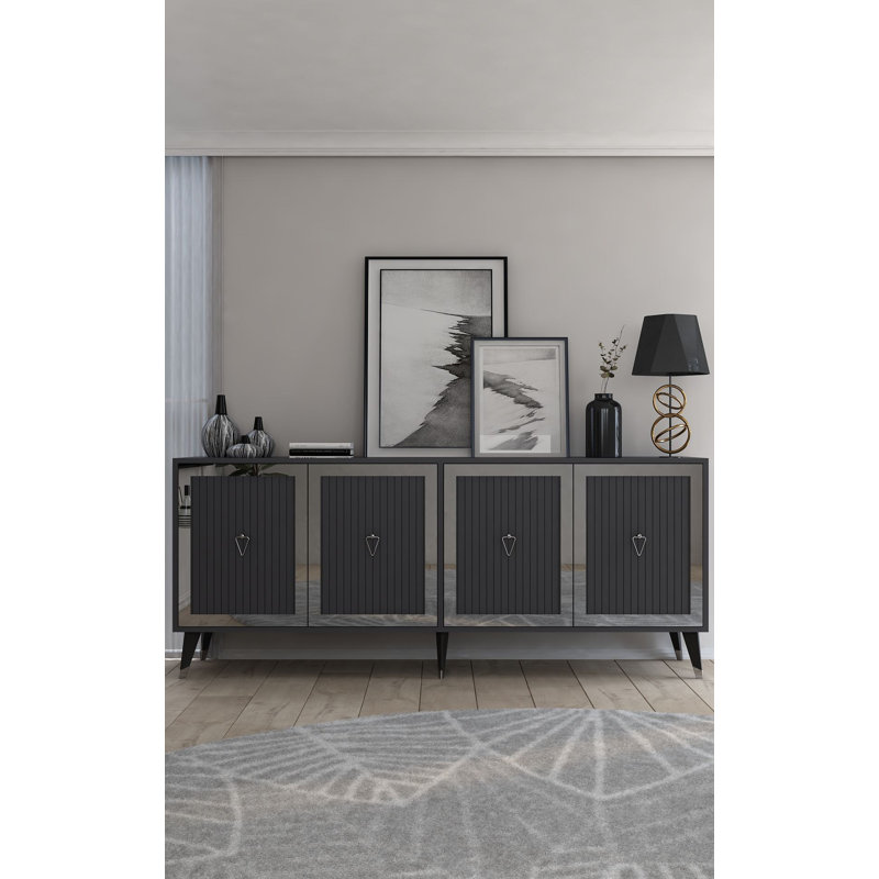 Console moderne avec option de fixation murale, anthracite et argent, panneau de particules recouvert de mélamine à 100%, épaisseur: 0,7 pouce | Plusieurs tablettes pour un rangement et une organisation élégants
