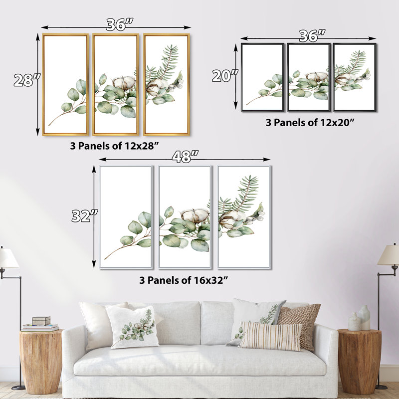 " Christmas Bouquet With Eucalyptus Branches " 3 - Pieces Painting Print, Black, 32" H x 48" W