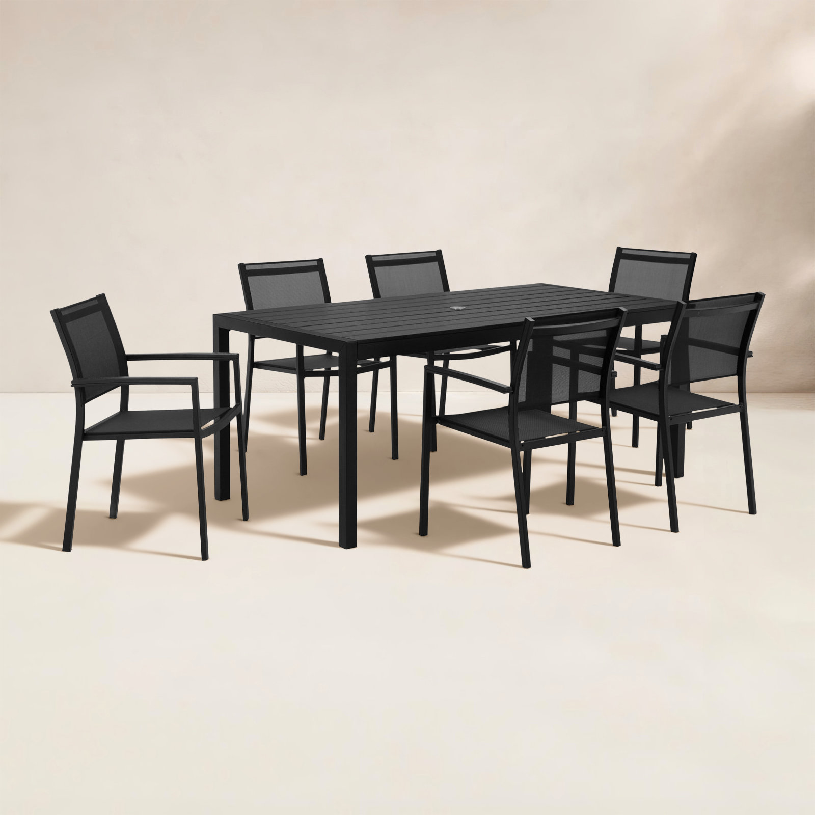 Aynura 71" Patio Dining Set, Black Frame/Black Top