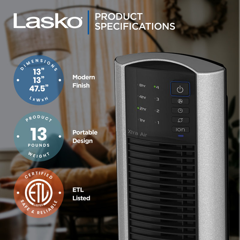 Lasko 48 Inch Silver Oscillating Tower Fan with Remote