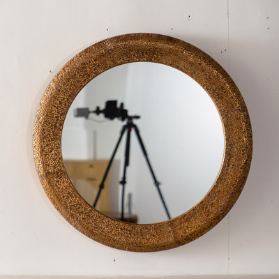 31.3" Hammered Gold Round Wall Mirror - Iron Frame & MDF Back Decorative Mirror, Rustic Accent Mirror for Living Room/Bedroom