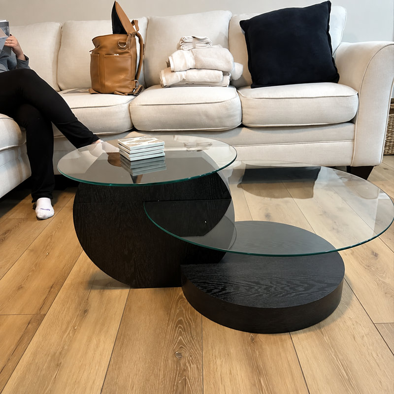 Table basse 35,4 "à plusieurs niveaux avec deux plateaux en verre trempé et une tablette inférieure, Noir / blanc