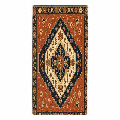 1 serviette de plage à motif de tapis oriental rétro, avec des motifs géométriques et floraux complexes dans des tons terreux chauds avec une bordure marine foncé. Microfibre douce, parfaite pour la piscine, les aventures en plein air.