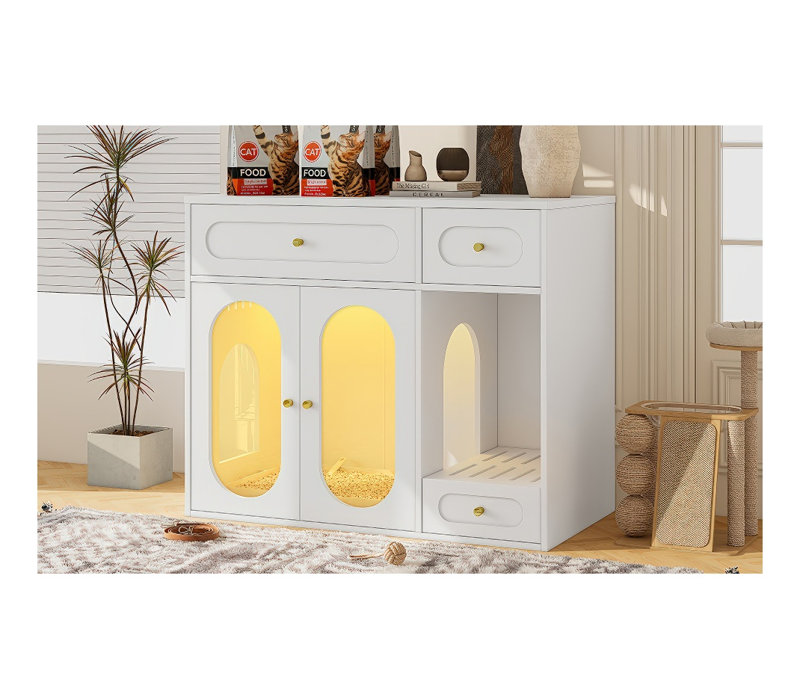 Modern Cat Litter Box Enclosure with LED Light - White Hidden Litter Box Furniture with Storage Drawers, Acrylic Doors End Table for Living Room