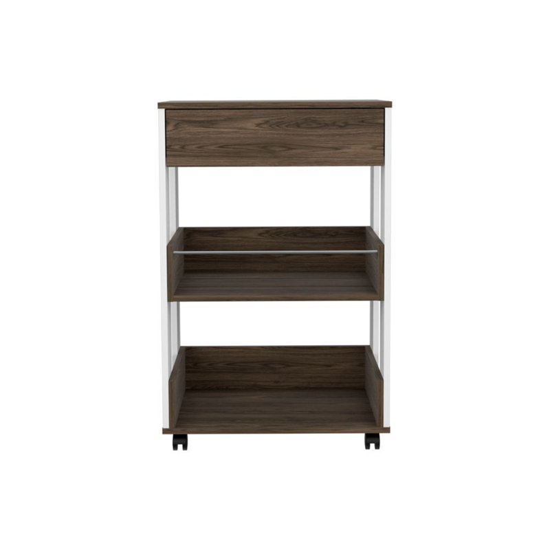 Modern Kitchen Cart 35" H, Four Casters, Three Shelves, White / Dark Walnut