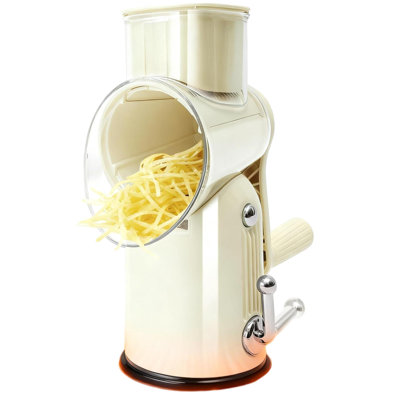 Râpe à fromage 5 en 1 avec manivelle rotative, hachoir à légumes avec pales en acier inoxydable remplaçables, base d'aspiration solide, poignée, boîte de rangement pour lames, trancheuse de cuisine polyvalente facile à nettoyer