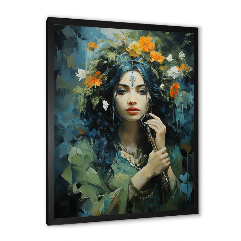 «Hinduism Krishna Flute God», reproduction d'art sur toile, Cadre simple noir, H 44 po x l 34 po x P 1,5 po