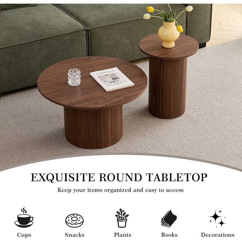 Ensemble de 2 petites tables basses rondes pour le salon, un canapé avec une finition en bois et un bureau de style bohémien (noyer)