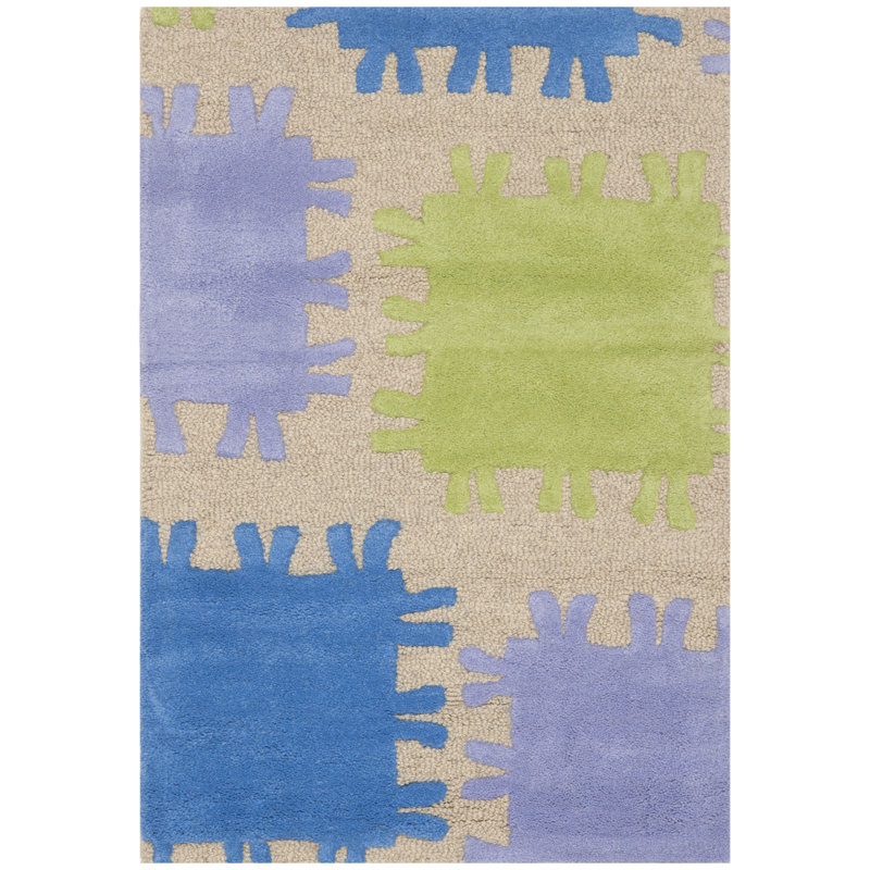 Tapis beige / bleu / vert en laine / coton touffeté à la main Kruetzen, Rectangle 2 pi x 3 pi