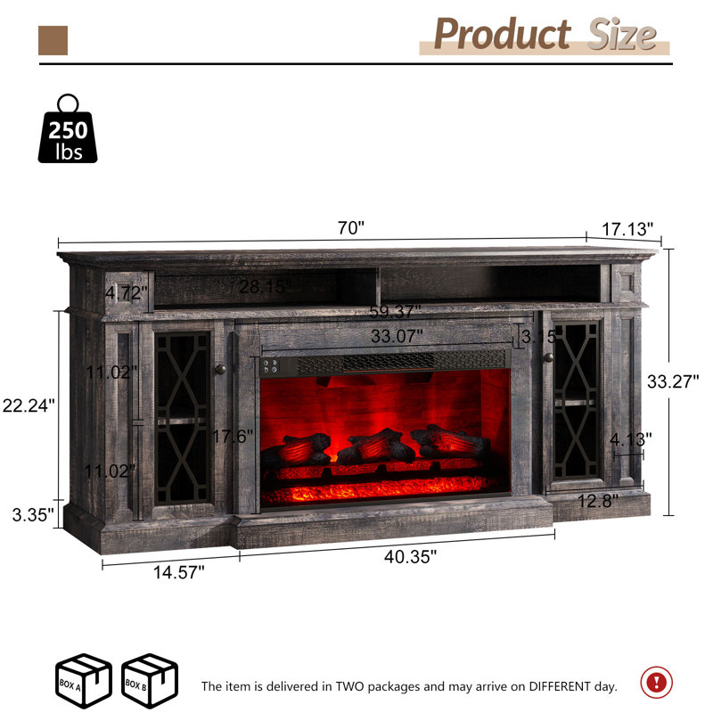 Cletus Farmhouse 70''W Fireplace TV Stand with Glass Doors/Adjustable Shelves, DarkOak, Dark Oak